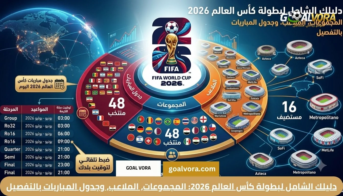 دليلك الشامل لبطولة كأس العالم 2026: المجموعات، الملاعب، وجدول المباريات بالتفصيل دليلك الشامل لبطولة كأس العالم 2026: المجموعات، الملاعب، وجدول المباريات بالتفصيل